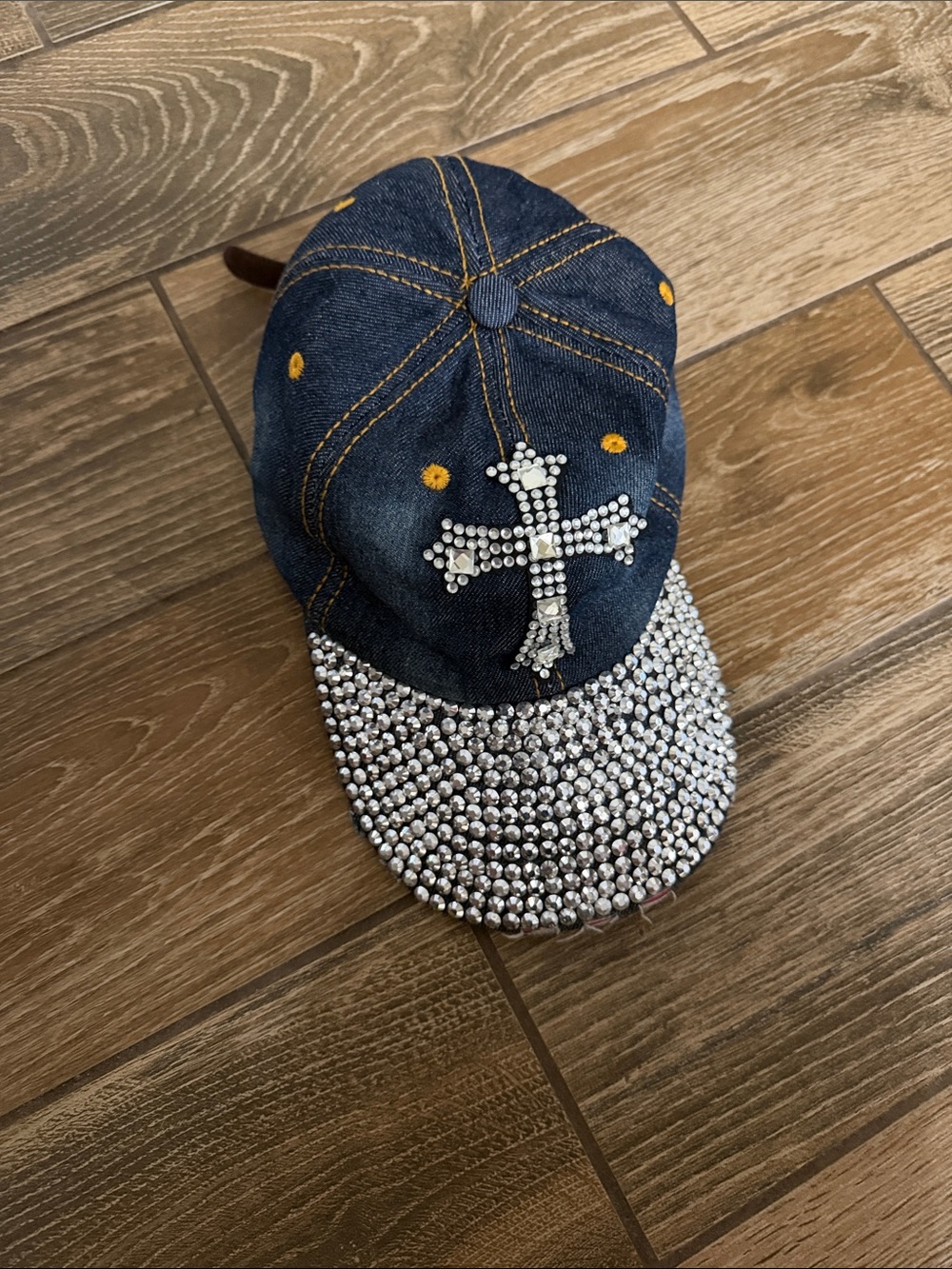 Denim Women's Cap with Silver Rhinestone Cross and Brim
